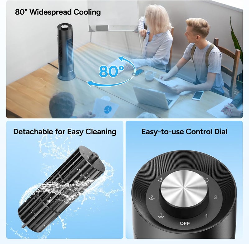 Dr. Prepare Tower Fan, 28 dB Quiet Desk Fan, 3‑Speeds, 80° Oscillation, Detachable Washable Bladeless Design, 16 Inch Portable Table Fan for Room, Home, Office,Black - Image 5